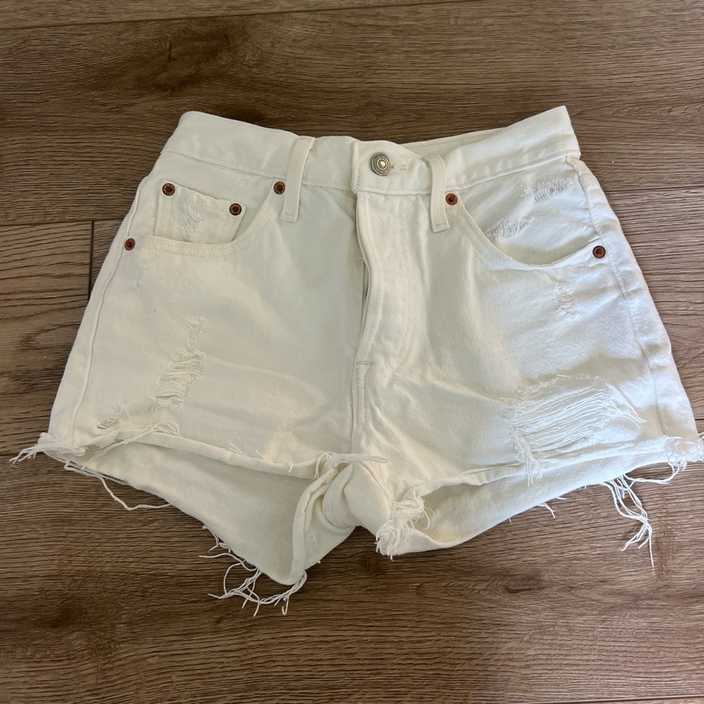 Women's Cream Distressed Denim Shorts